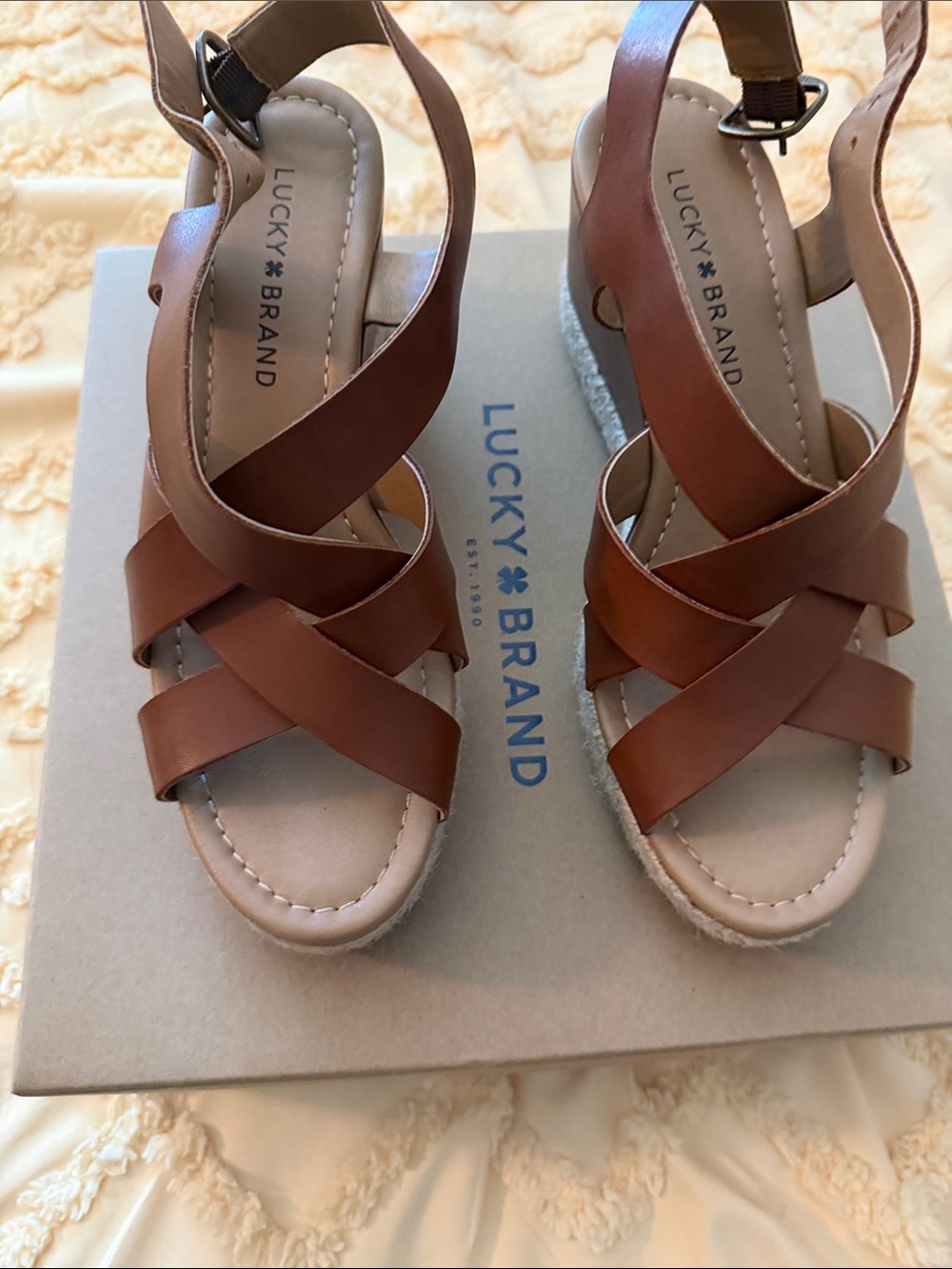 Lucky Brand Tan/Brown Leather Crisscross Wedge Sandals and Nike combo